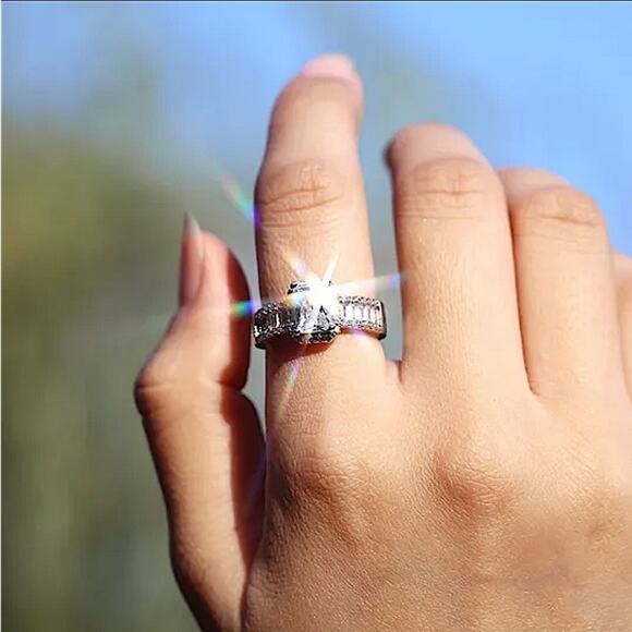 Sterling Silver Princess Cut Halo Baguette Diamond Ring - Picture 8 of 9